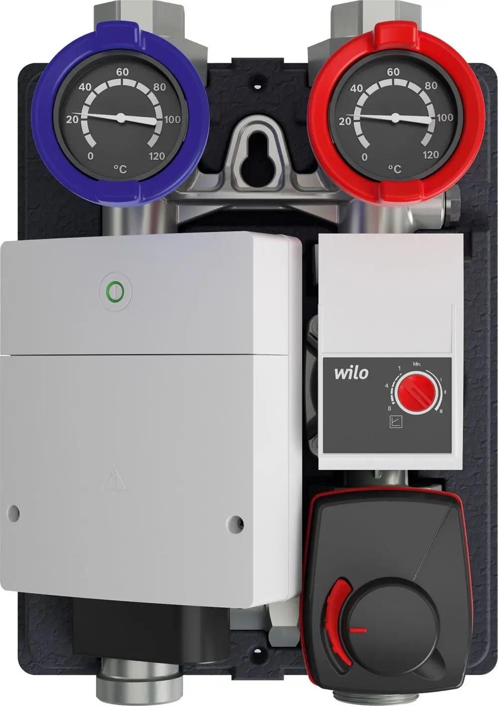 Heizkreisverteilung mit zwei Thermometern, einer Regelungseinheit und einem Mischermodul. Das Produkt stammt von Bosch und zeigt die Temperaturkontrolle und Regelung in Heizsystemen.